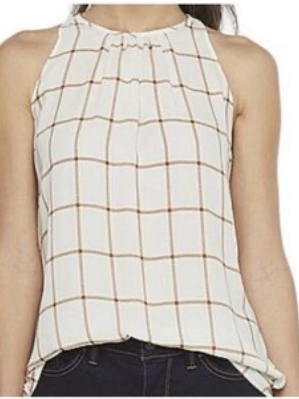 Worthington White Sleeveless Tan Plaid Grid Print Flowy Blouse Size M NWT